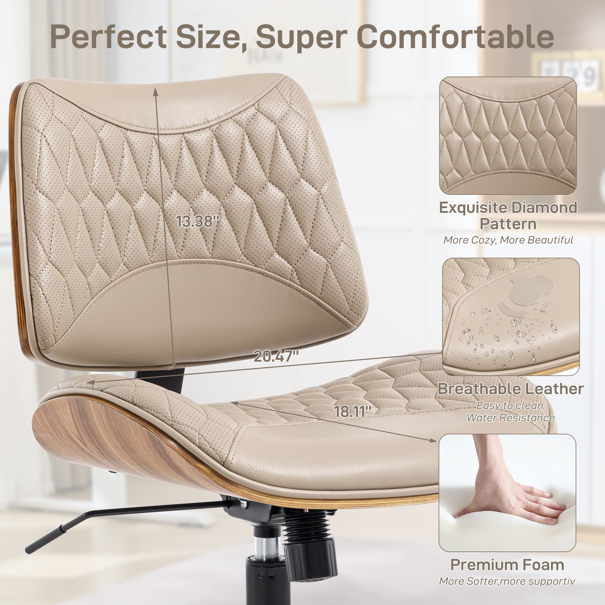 Armless Office Chair With Wheels, Adjustable Height Mid Back Small Desk Chair, Modern Walnut Bentwood Back, PU Leather Swivel Rolling Computer Task Chair For Home Office, Meeting Room, Study, Set Of 1_voghion.com